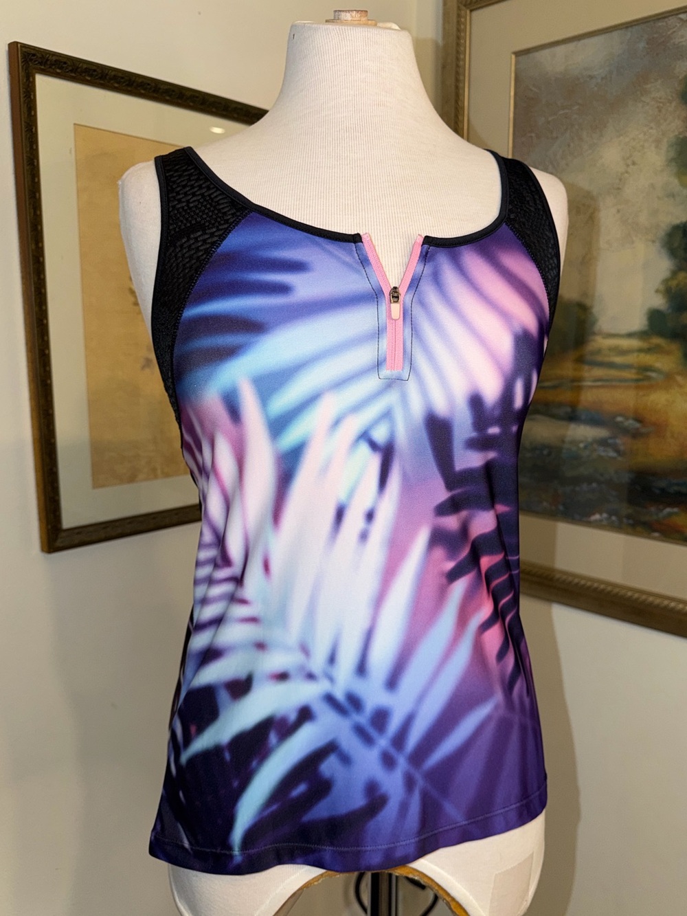 TOP - Nanette Lepore Women’s Purple Palm-Print Athletic Racerback Tank Top XS